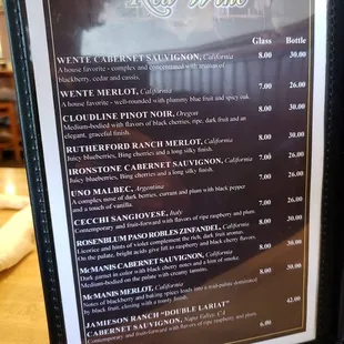 a menu for red wine