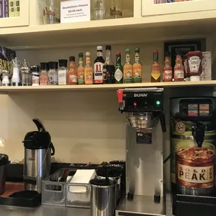 Condiment station with any kind of hot sauce you could want!