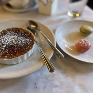 Crème brûlée and macarons.