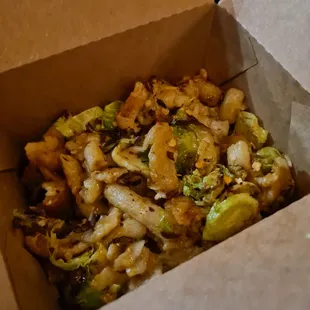 spicy mac and cheese with brussels sprouts