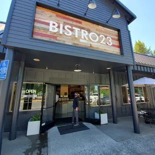 the entrance to a restaurant