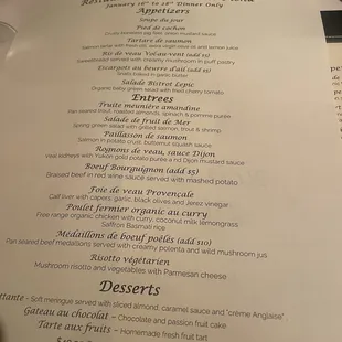 Restaurant week menu