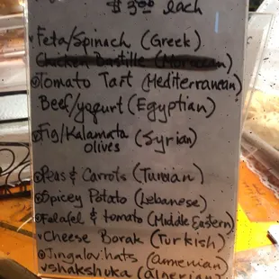 That days menu. It's amazing that the Chef made a different pie inspired from different regions of the world