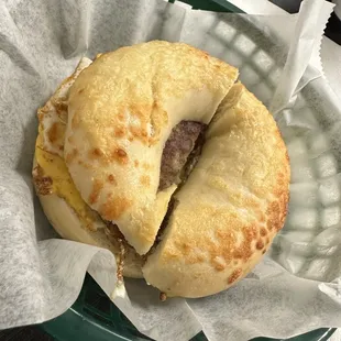 Sausage cheese egg on Asiago