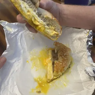 Sausage egg breakfast sandwich on Asiago bagel