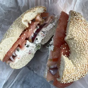lox with veggie cream cheese on a sesame seed bagel