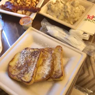 Hash browns, bacon, French toast, biscuits &amp; gravy, vanilla latte.