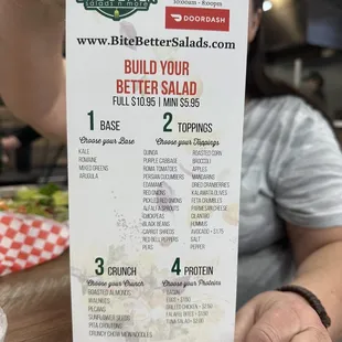 Menu of Sandwiches, Soups and Build Your Own Salad