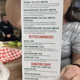 Menu of Sandwiches, Soups and Build Your Own Salads