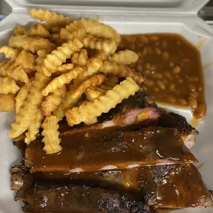 Rib dinner w/FF and bake beans