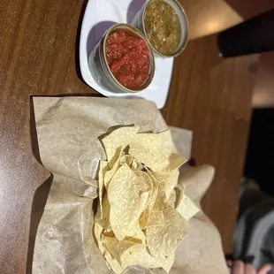Chips &amp; Salsa (green is hot and red is mild)