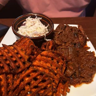 Chopped Brisket with waffle sweet potato fries, really good
