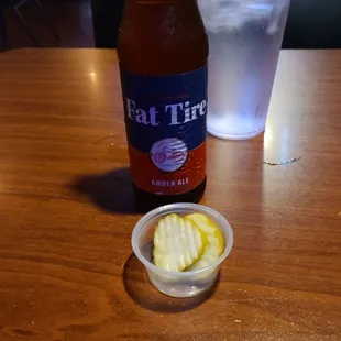 Fat Tire and pickles from the pickle bar!