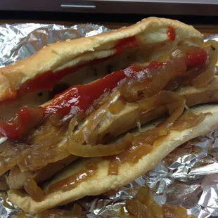 The German brat that I ordered with just fried onions.  Yummy.