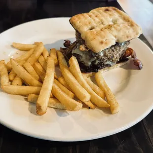 Breakfast Burger on a potato bun w/ goetta, ham, bacon, egg, sausage &amp; cheese (Daily Special)