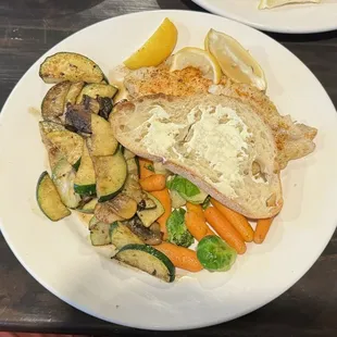 Blackened Catfish Platter With Sautéed Mixed Veggies And Sautéed Zucchini And Mushrooms