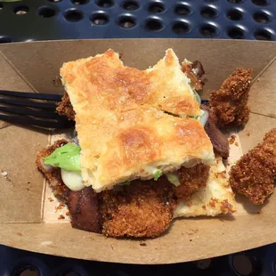 ATW! Fried chicken with honey mayo avocado and bacon... Of course on a biscuit... Of course he need a smack your mama afterwords