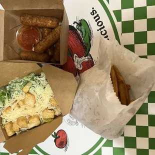 Mozzarella sticks, Caesar Salad and large Fries.