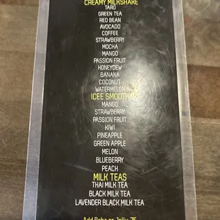 Menu and Bubble tea flavors