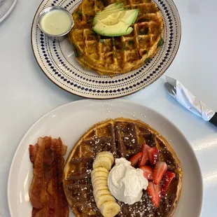 Verde and Nutella waffle with side of bacon