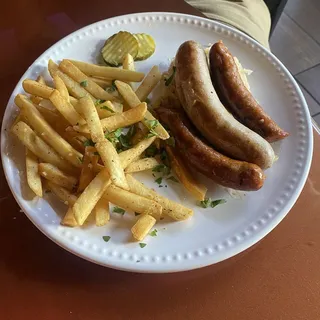 Knackwurst Sausages with Sauerkraut and Garlic Fries