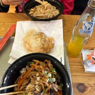 Top to bottom: Pork belly/noodle; pork rougamo; pork with rice