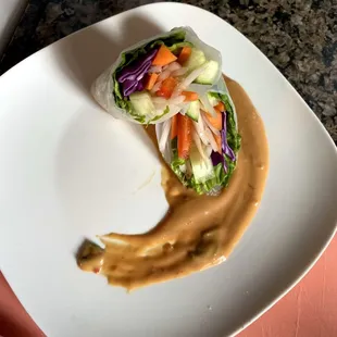 Veggie spring roll with a peanut dipping sauce