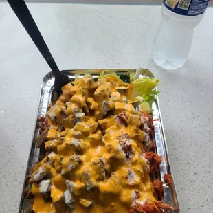 Combo over rice. Heavy portions.