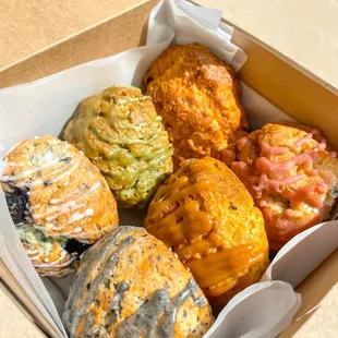 blueberry cream cheese, matcha, kimchee spam, black sesame, pumpkin spice, strawberry