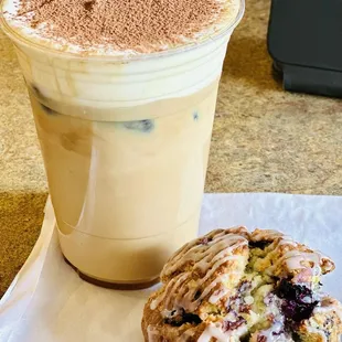 Tiramisu latte!!!  Must try! Paired it with a delicious blueberry scone