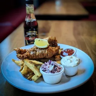 FISH &amp; CHIPS | crispy tempura battered cod + double cooked chips + tartar sauce + served with malt vinegar