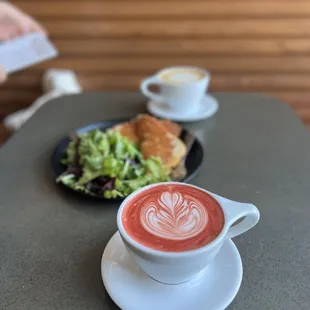 Red velvet latte, grilled cheese and lavender latte.
