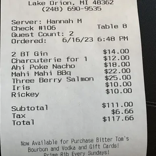 Receipt dinner for 2, 2 appetizers, 4 drinks