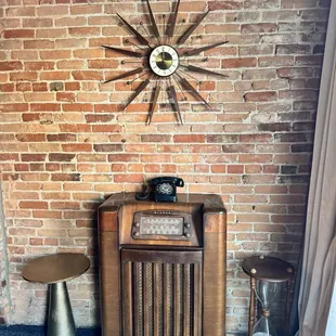 Clock, radio, phone, stools