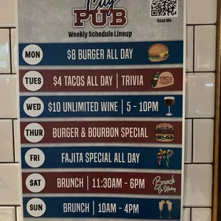 a menu for a pub