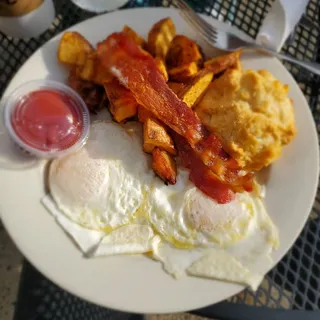 Scrambled Eggs, Bacon, Potatoes