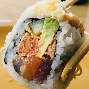 The Biwako Roll - 4 types of fish &amp; spicy crab w/ avocado, cucumber, crunch &amp; spicy sauce.