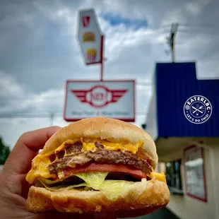 a hand holding a hamburger
