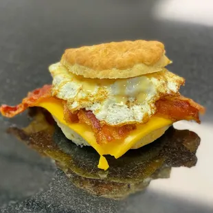 Breakfast sandwich on a freshly make biscuit