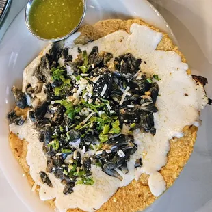 Extremely bland Quesadilla de Huitlacoche. Tomatillo based Salsa Verde