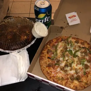 2 top mini pizza combo. comes with 6 wings &amp; a can of soda.