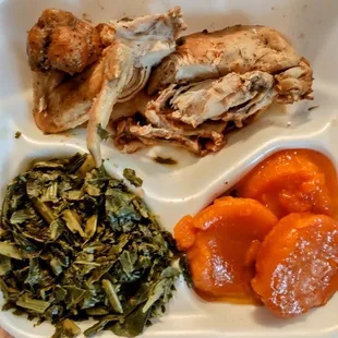 1/4 White Meat Chicken, Sweet Potatoes, Collard Creens