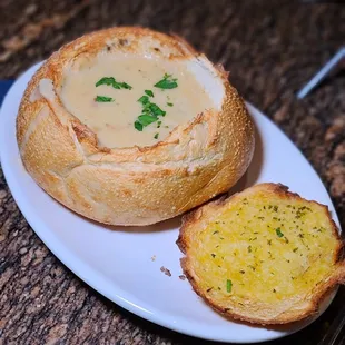 Clam chowder in a bread bowl