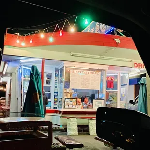 a storefront at night
