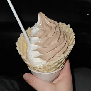 Chocolate and vanilla swirl with waffel cone