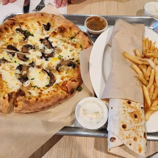 Garlic mushroom truffle pizza ($14) and falafel &quot;sandwich&quot; ($13)  [Feb2025]