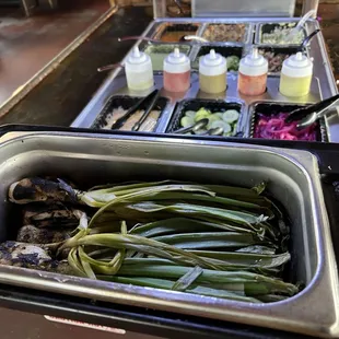a buffet with a variety of food items