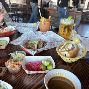 a table of food and drinks