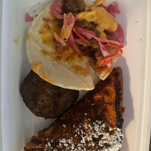 Split tortilla on taco and old French toast