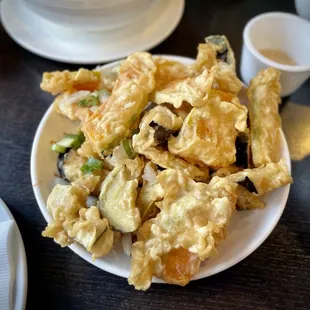 Salt and pepper pumpkin and eggplant (batter was strangely chewy and made the dish taste stale)